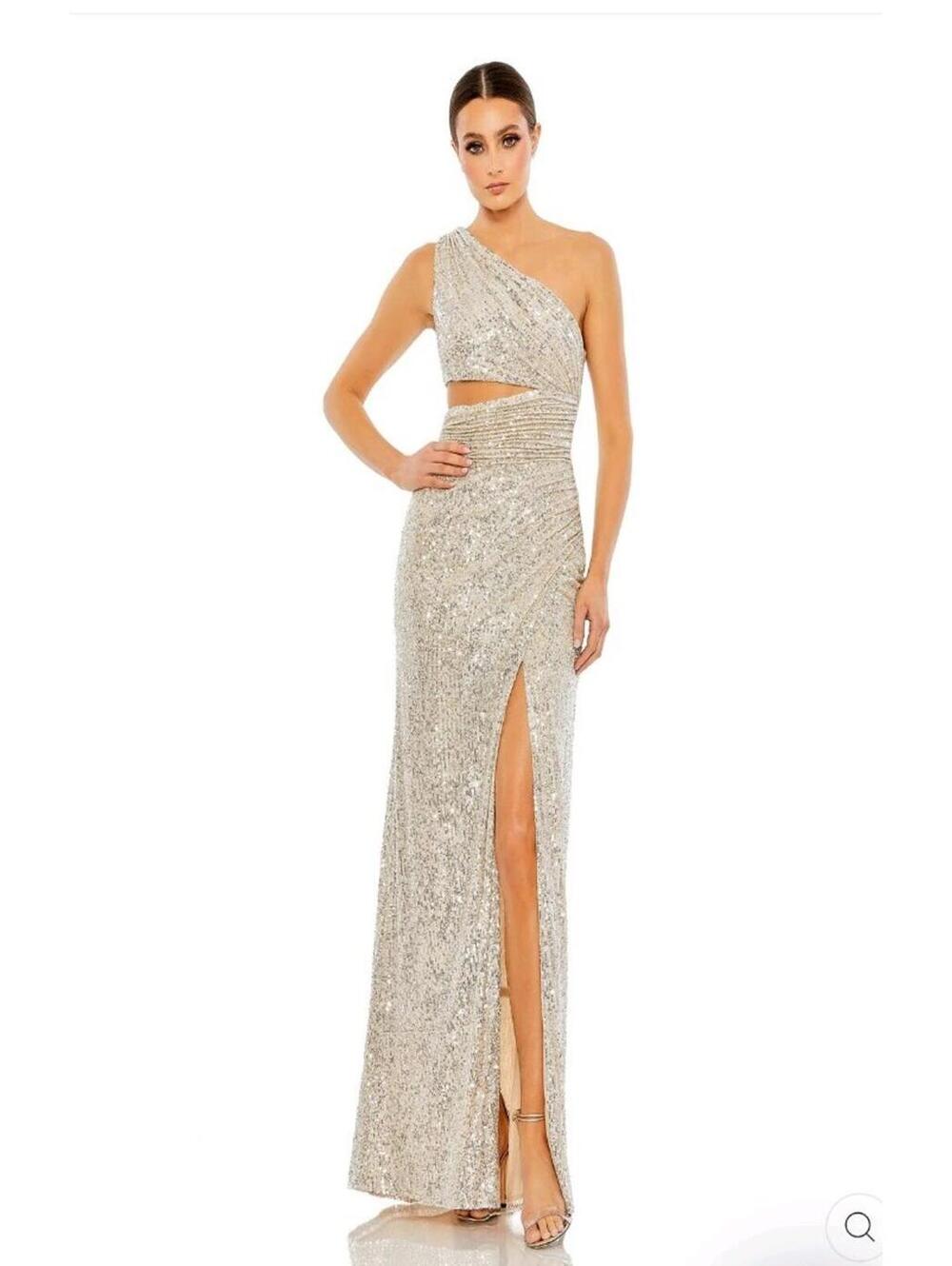 NWT Mac Duggal Nude sequin one shoulder cut out gown with slit Size 8 26973